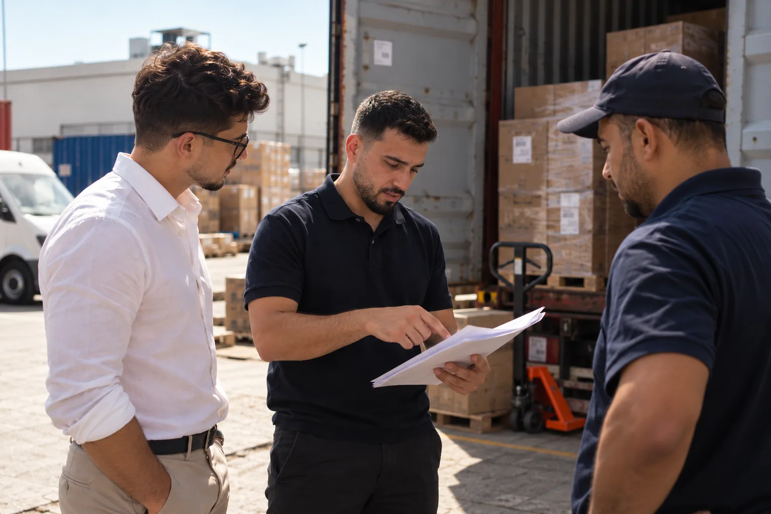 Three colleagues reviewing documents beside a shipping container